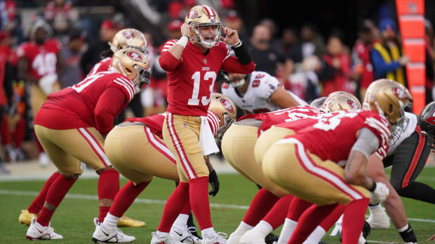 Dec 11, 2022; Santa Clara, California, USA; San Francisco 49ers quarterback Brock Purdy (13) calls a play against the Tampa Bay Buccaneers in the first quarter at Levi’s Stadium.